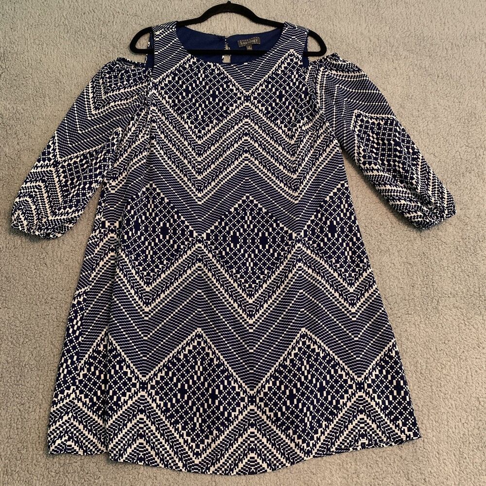Luxology Womens 8 Medium Cold Shoulder Navy white dress Geometric Lined Party